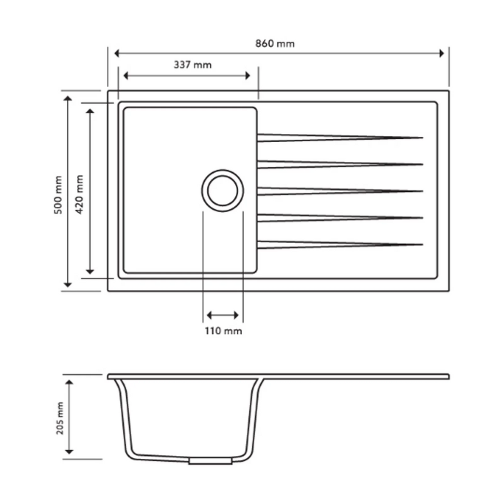 860x500x205mm Carysil Vivaldi D100 Single Bowl With Drainer Board Granite Kitchen Sink Snova White