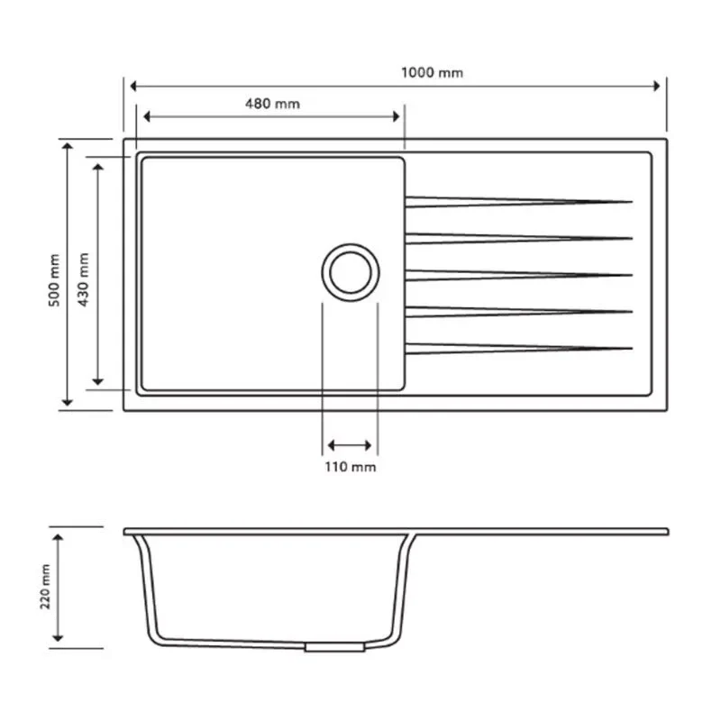 1000x500x220mm Carysil Vivaldi D100L Single Bowl With Drainer Board Granite Kitchen Sink Deep Black