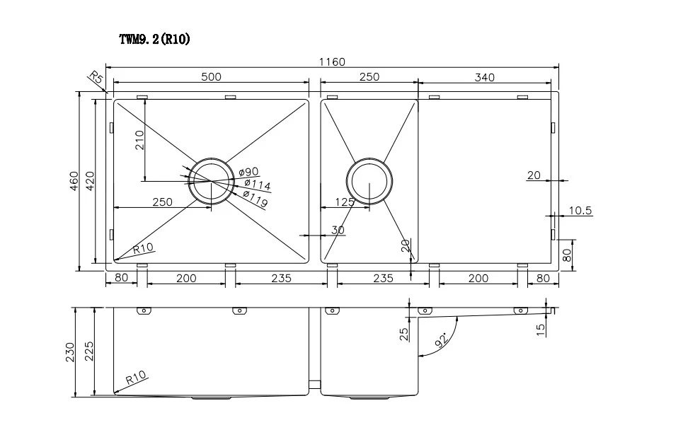 1160x460x230mm Stainless Steel Handmade Top/Under mount Double Bowls Sink