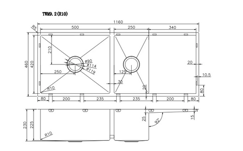 1160x460x230mm Stainless Steel Handmade Top/Under mount Double Bowls Sink