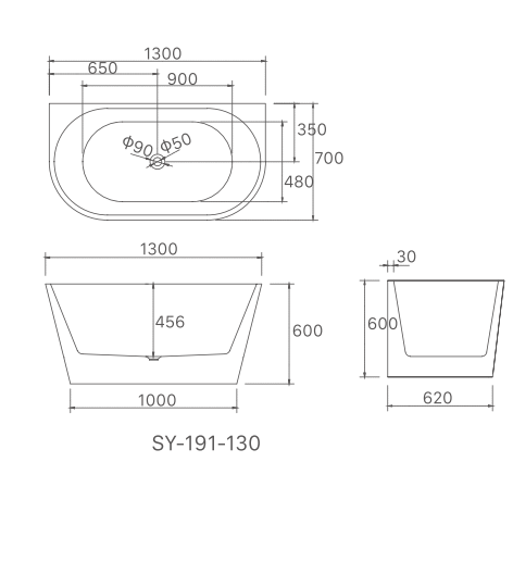 1300x700x600 Hannah Collection Back To Wall Bathtub Gloss White