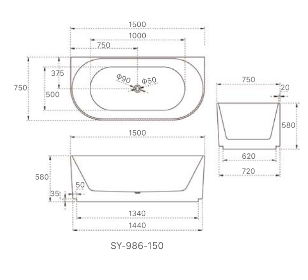 1500x750x580 KIRA Collection Back To Wall Bathtub Gloss White