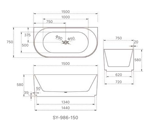 1500x750x580 KIRA Collection Back To Wall Bathtub Gloss White
