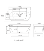 1500x800x600 Hannah Collection Back To Wall Bathtub Gloss White