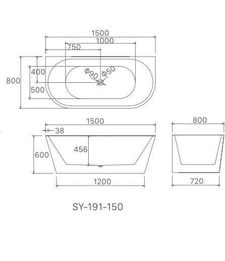 1500x800x600 Hannah Collection Back To Wall Bathtub Gloss White