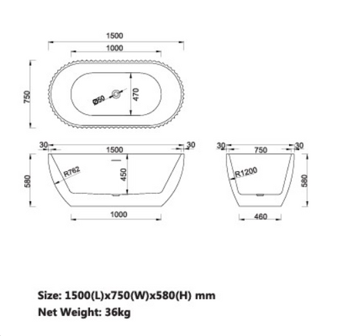 1500x750x580 Sophie Collection Bathtub Matt White