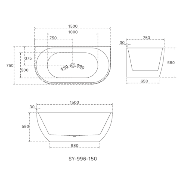 1500x750x580 Lamont Collection Back To Wall Bathtub Matt White