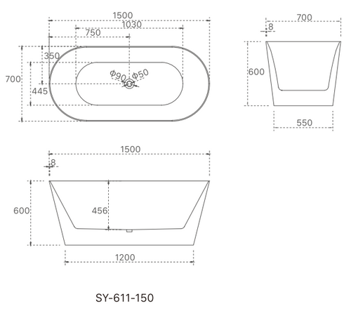 1500x750x580 OLIVIA Collection 8mm Ultra Slim Bathtub Gloss White
