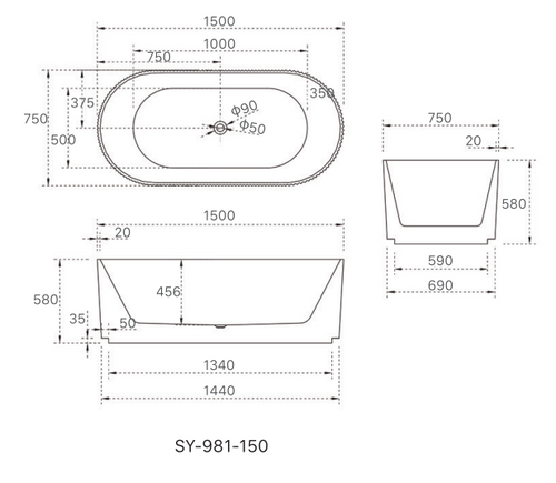 1500x750x580 Trina Collection Bathtub Gloss White