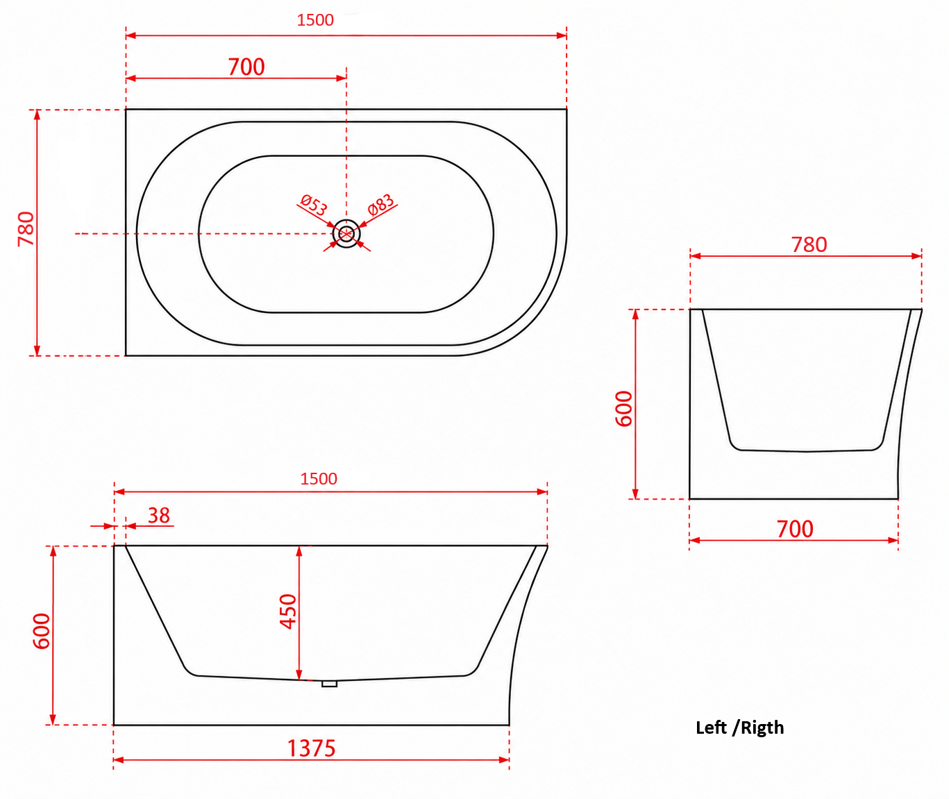 1500x780x600 Harper Collection Right Corner Back To Wall Bathtub Gloss White