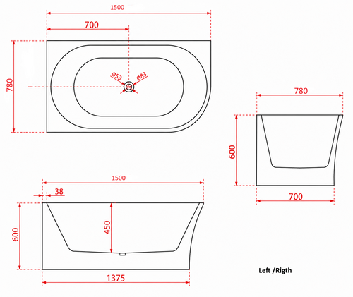 1500x780x600 Harper Collection Left Corner Back To Wall Bathtub Gloss White
