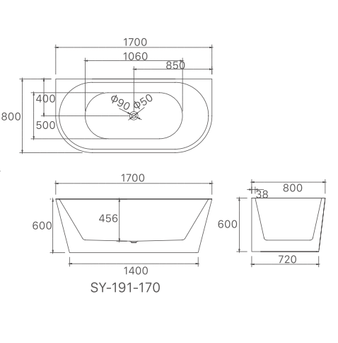 1700x800x600 Hannah Collection Back To Wall Bathtub Gloss White