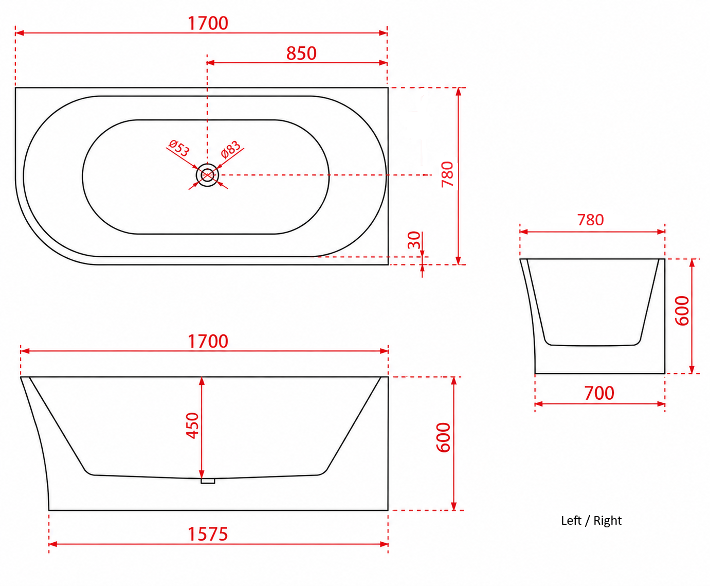 1700x780x600 Harper Collection Right Corner Back To Wall Bathtub Gloss White