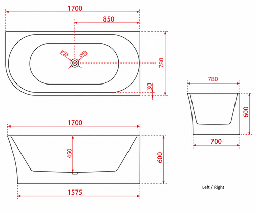 1700x780x600 Harper Collection Left Corner Back To Wall Bathtub Gloss White