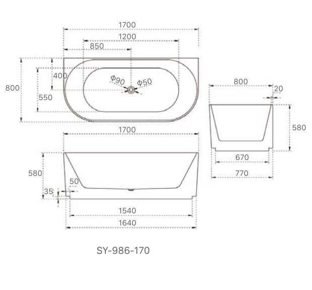 1700x800x580 KIRA Collection Back To Wall Bathtub Gloss White