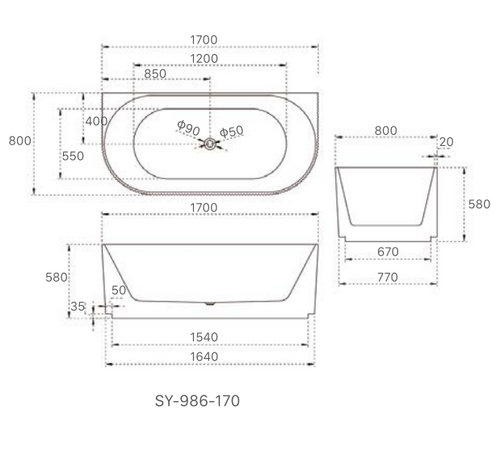1700x800x580 KIRA Collection Back To Wall Bathtub Gloss White