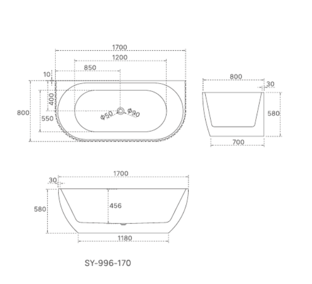 1700x800x580 Lamont Collection Back To Wall Bathtub Matt White