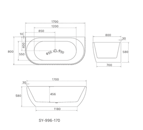 1700x800x580 Lamont Collection Back To Wall Bathtub Matt White