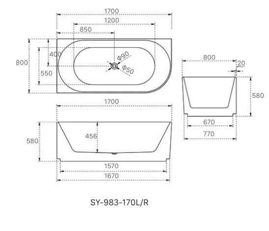 1700x800x580 ANIKA Collection Right Back To Wall Bathtub Gloss White