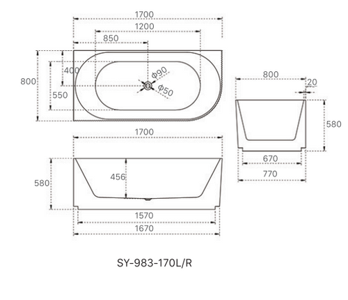 1700x800x580 ANIKA Collection Left Back To Wall Bathtub Gloss White