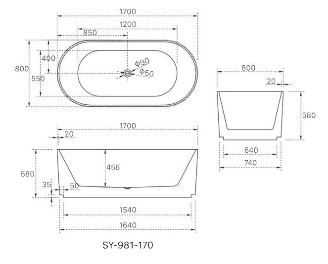 1700x800x580 Trina Collection Bathtub Gloss White