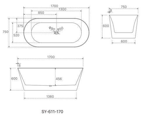 1700x800x580 OLIVIA Collection 8mm Ultra Slim Bathtub Gloss White