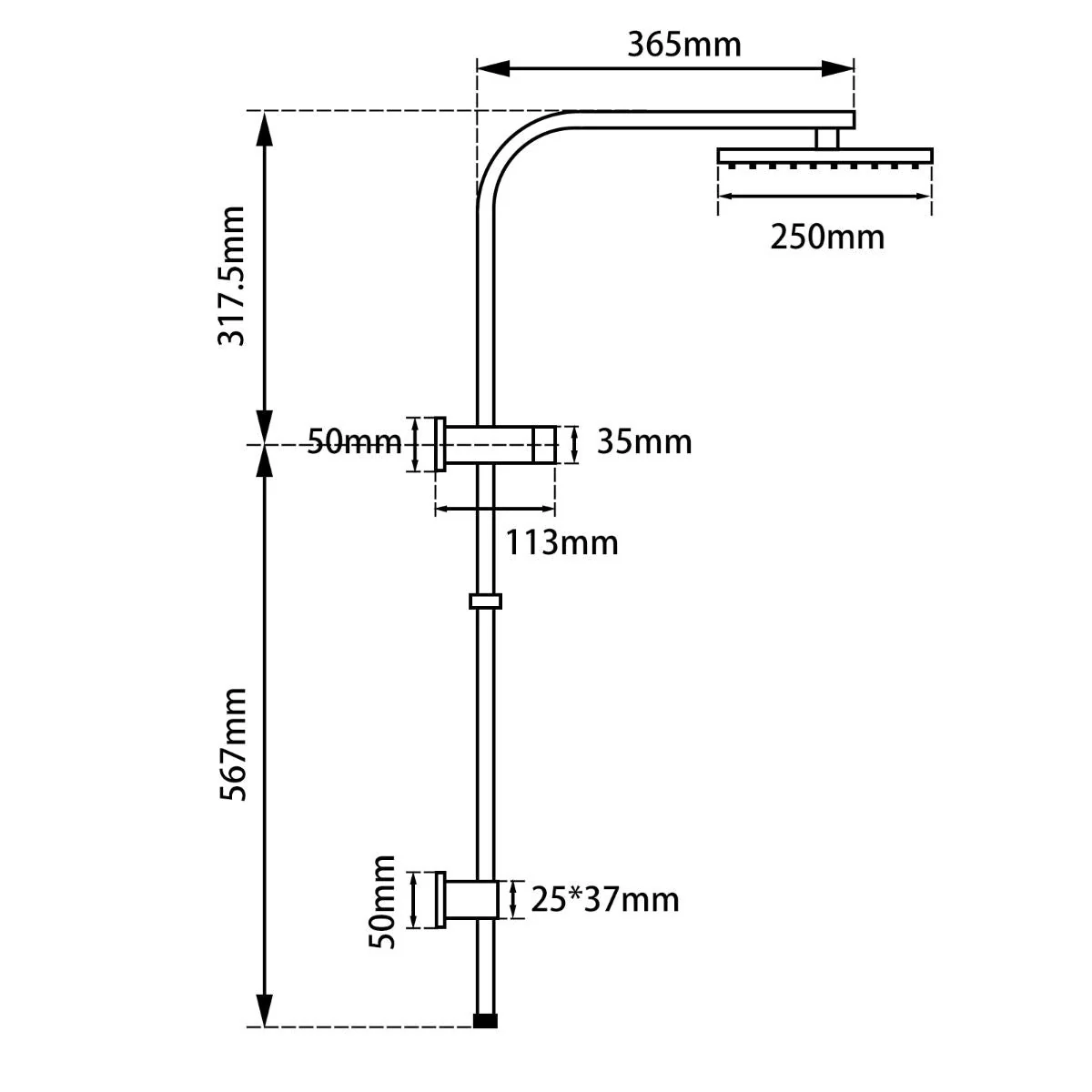 Shower Station (Shower Set) Top Water Inlet 250 Square Gun Metal Grey