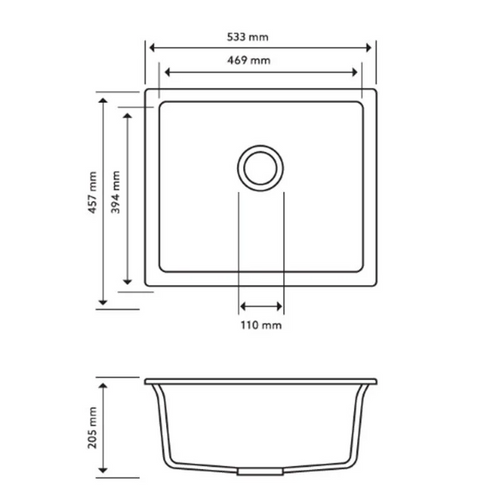 533x457x205mm Carysil Enigma single Bowl Granite Sink Concrete Grey
