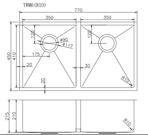 770x450x215mm Stainless Steel Handmade Top/Under mount Double Bowls Sink