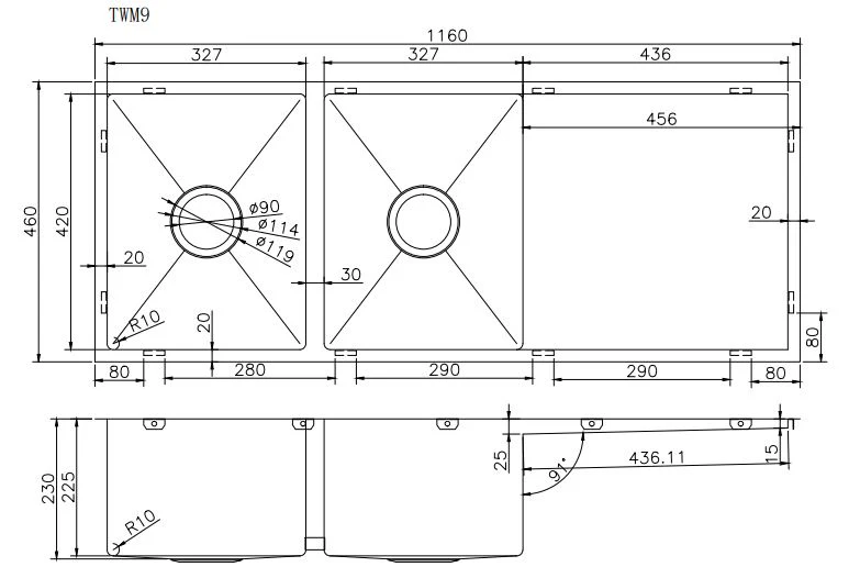 1160x460x230mm Stainless Steel Handmade Top/Under mount Double Bowls Sink
