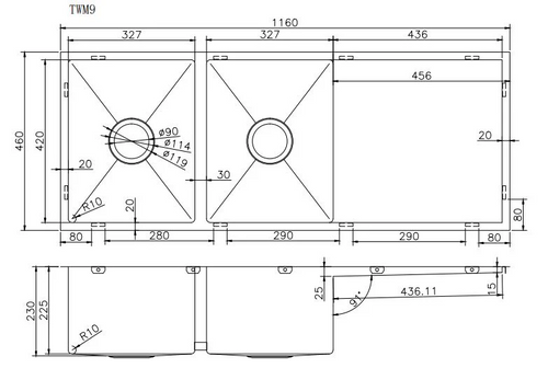 1160x460x230mm Stainless Steel Handmade Top/Under mount Double Bowls Sink