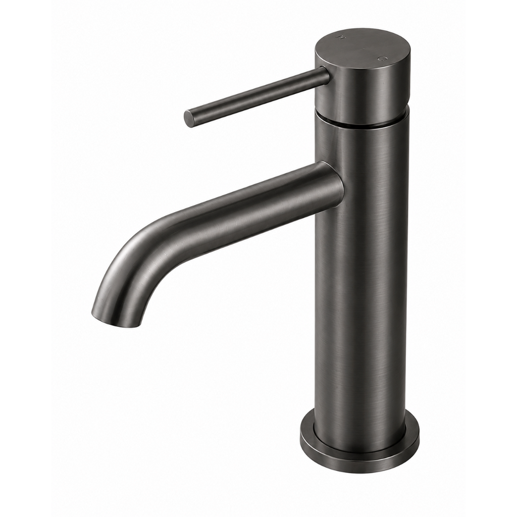 LUCID PIN Short Basin Mixer Series Round Brushed Gun Metal Grey