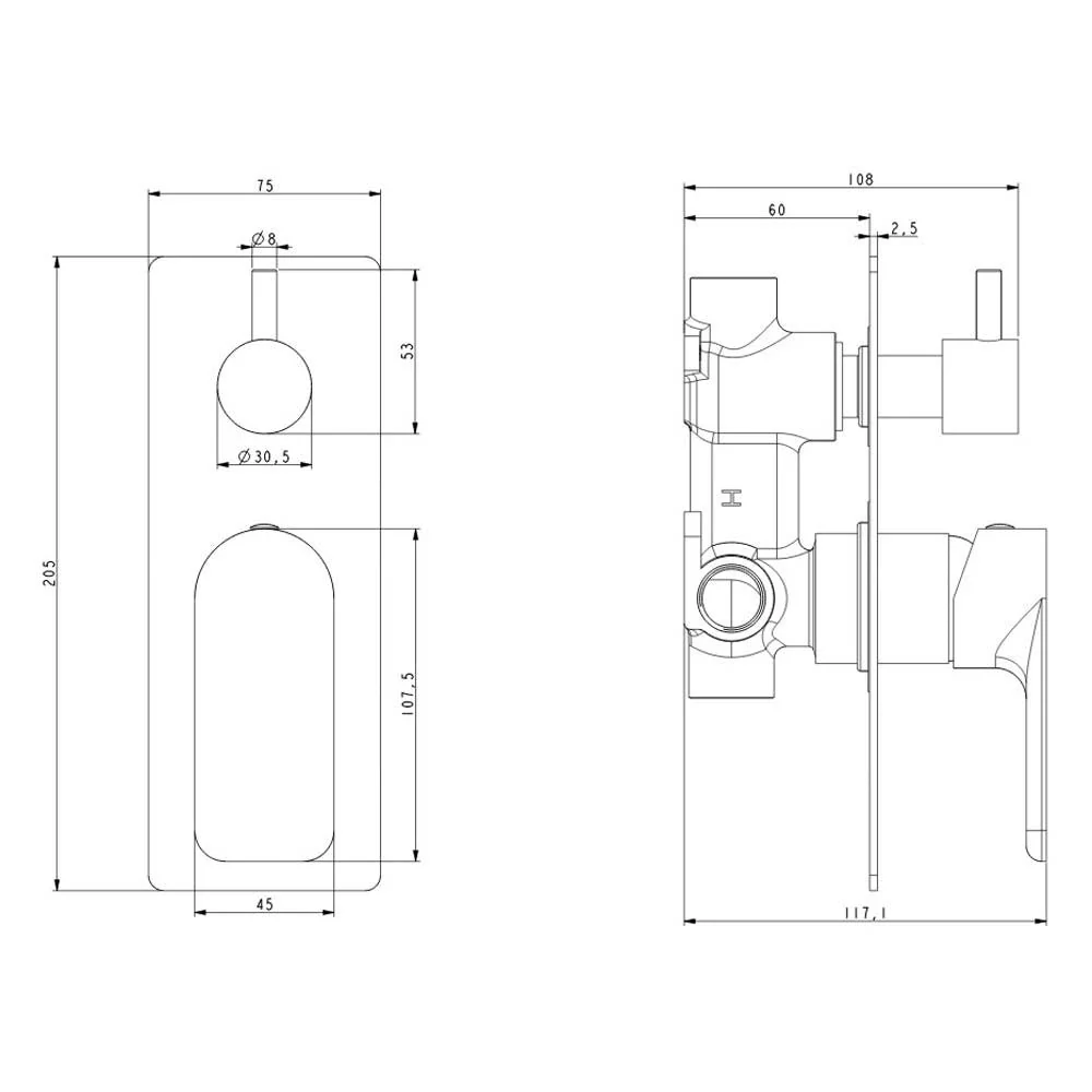 VOG Series Shower/Bath Wall Mixer with Diverter  Solid Gun Metal Grey