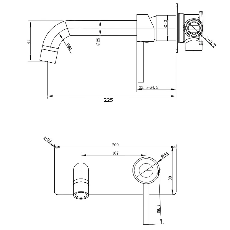 LUCID PIN Series Wall Basin/Bathtub Mixer with Spout Light Brushed Brass