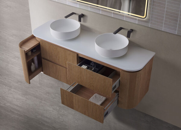 Bristol 1500mm Double Basin Fluted Rosewood Curved Wall hung Vanity