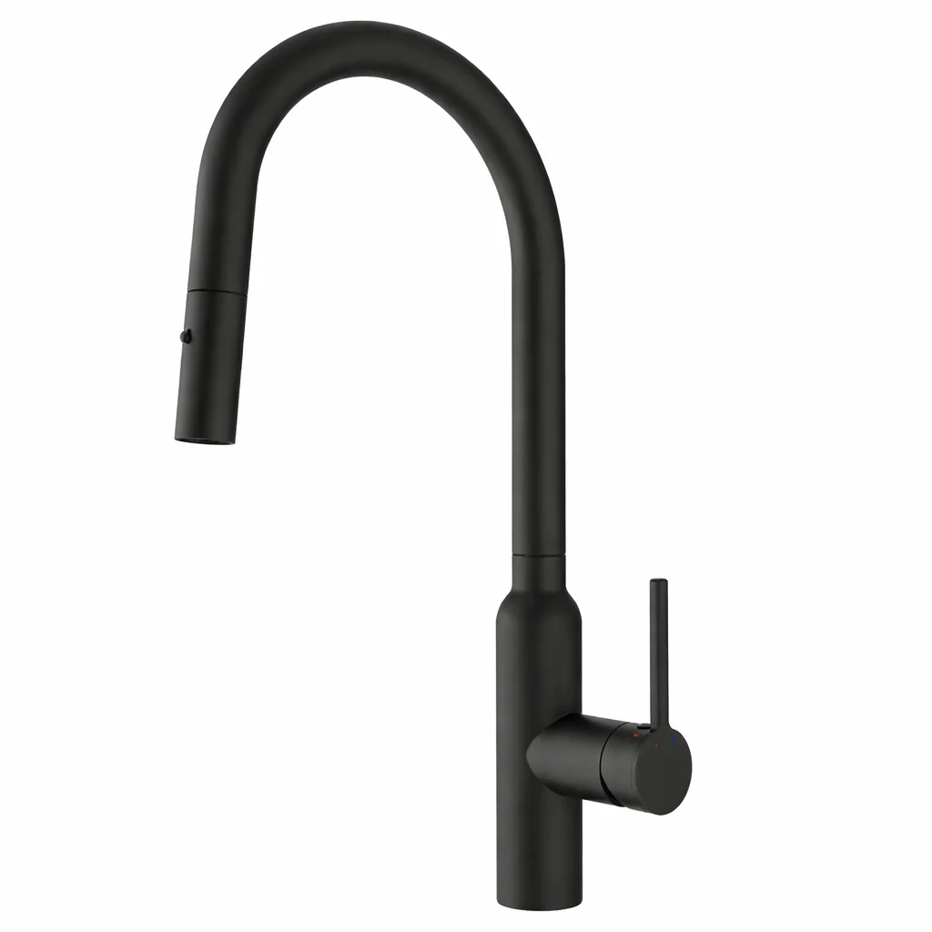 NAVONA Series Kitchen / Laundry Carysil Round Pull Mixer Tap Granite Black