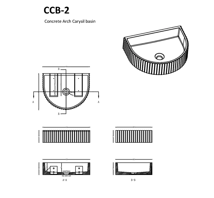 Ceramic Basin Carysil Fluted Arch Concrete Above Counter Matte White
