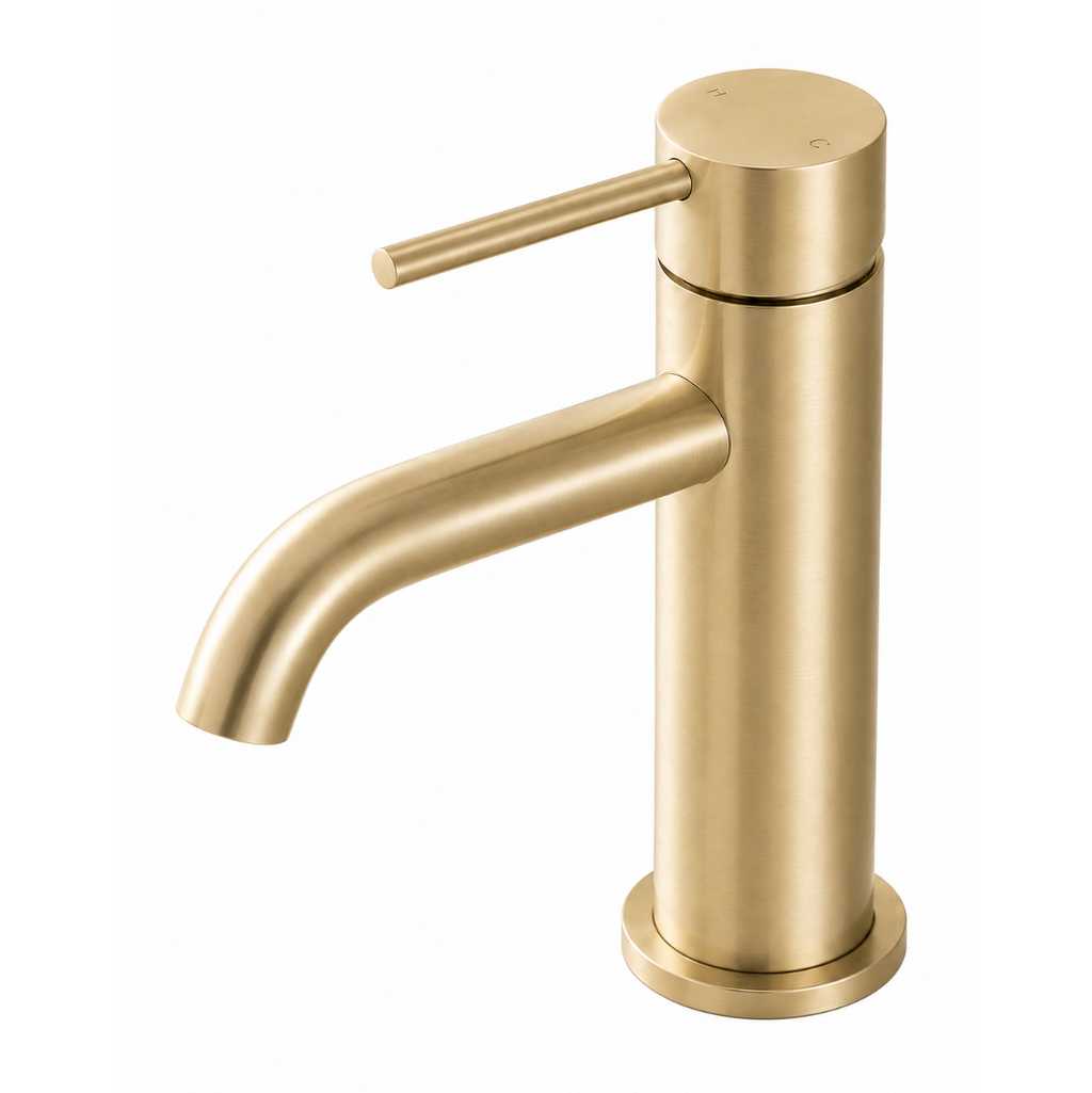 LUCID PIN Short Basin Mixer Series Round Light Brushed Brass