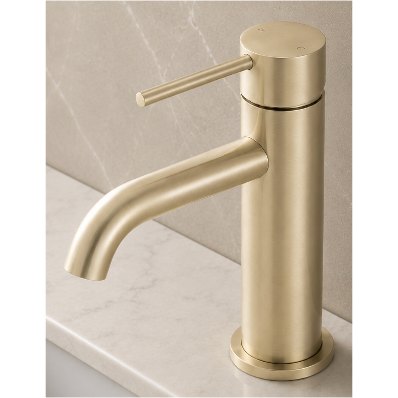 LUCID PIN Short Basin Mixer Series Round Light Brushed Brass