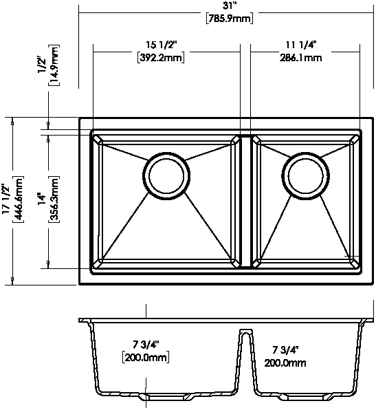 786x446x200mm Carysil Maples Double Bowl Granite Kitchen Sink Deep White