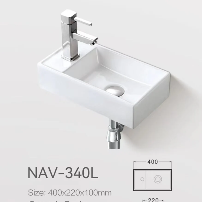 Ceramic Basin 400x220x100mm Left Narrow Square Concrete Above Counter Gloss White