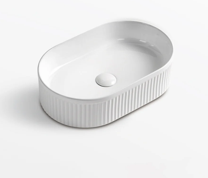 Ceramic Basin 490x310x130mm Oval Fluted Concrete Above Counter Gloss White