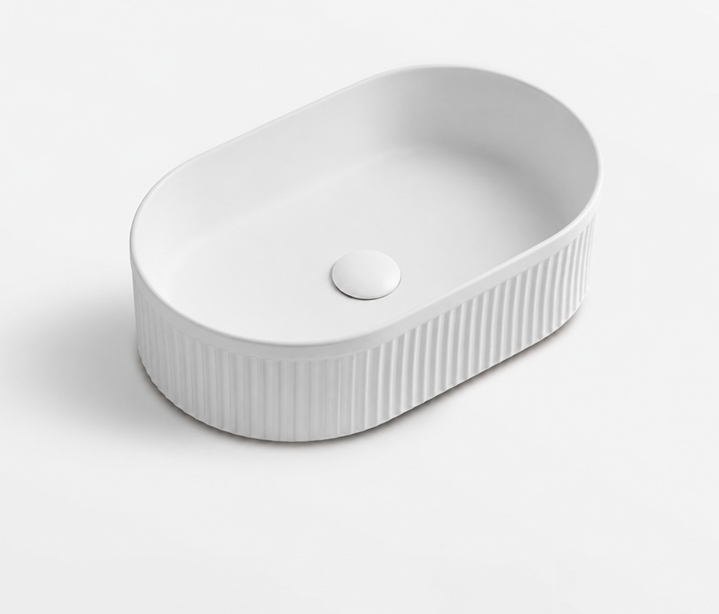 Ceramic Basin 490x310x130mm Oval Fluted Concrete Above Counter Matte White