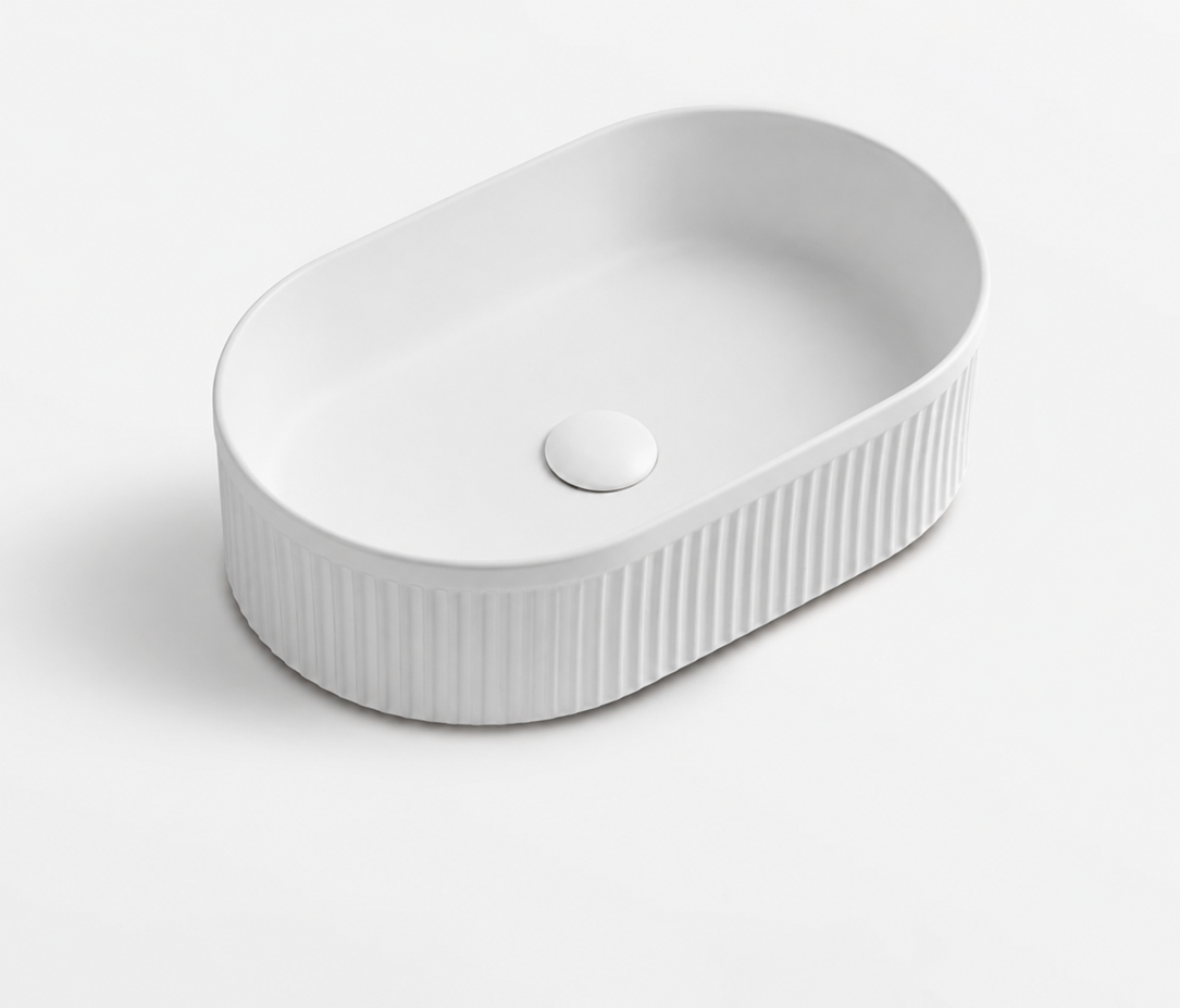 Ceramic Basin 490x310x130mm Oval Fluted Concrete Above Counter Matte White