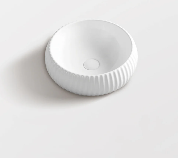 Ceramic Basin 420x420x140mm Round Fluted  Above Counter Gloss White