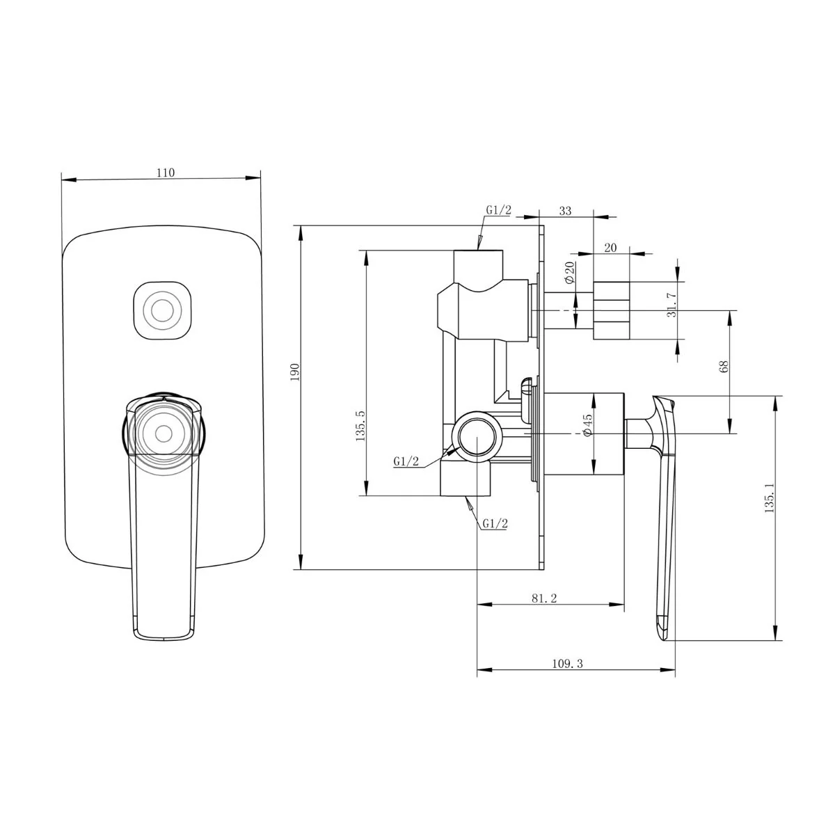 Norico Esperia Series Shower/Bath Wall Mixer with Diverter Matte Black & Chrome