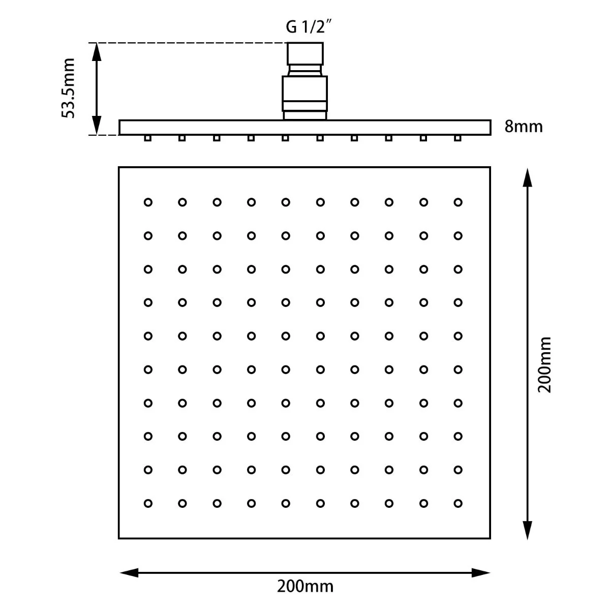 Square Rainfall Shower Head 200mm ABS Chrome