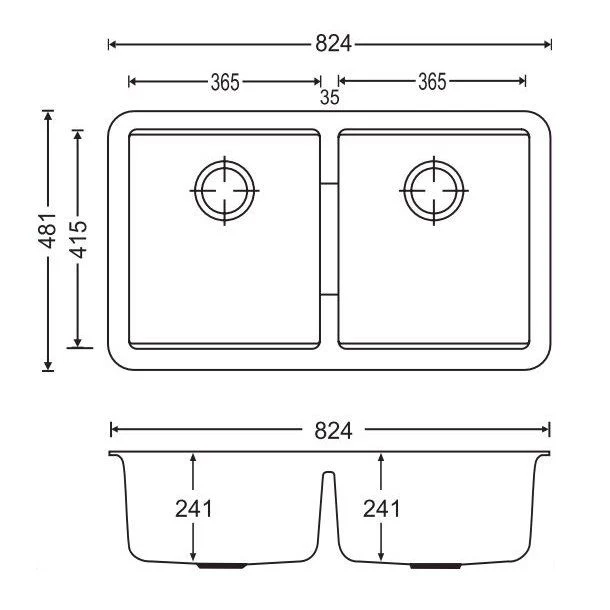 824x481x241mm Carysil Double Bowls Granite Undermount Kitchen Sink Black