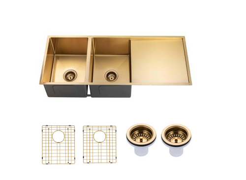 1160x460x230mm Stainless Steel Handmade Top/Under mount Double Bowls Brushed Yellow Gold Sink