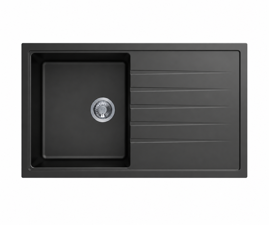 780x500x205mm Carysil Vivaldi Single Bowl With Drainer Board Granite Kitchen Sink Deep Black